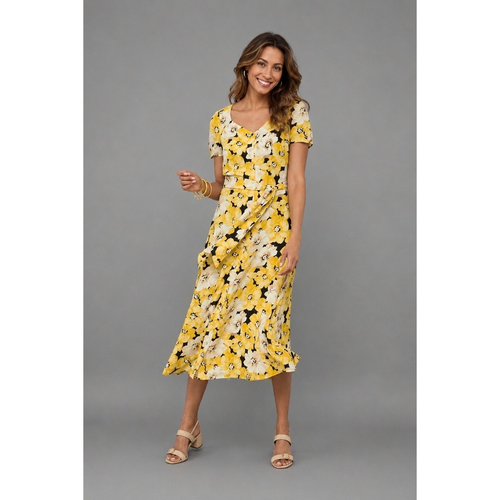 Talbots Dress Womens Size 16 Yellow Pippy Poppies Floral Belted Crepe Button